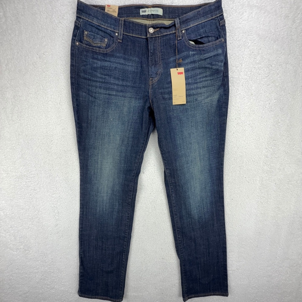 Levis 505 Straight Leg Jeans Women 14L Dark Wash Blue Denim Flap Pocket 15505 - Picture 2 of 11